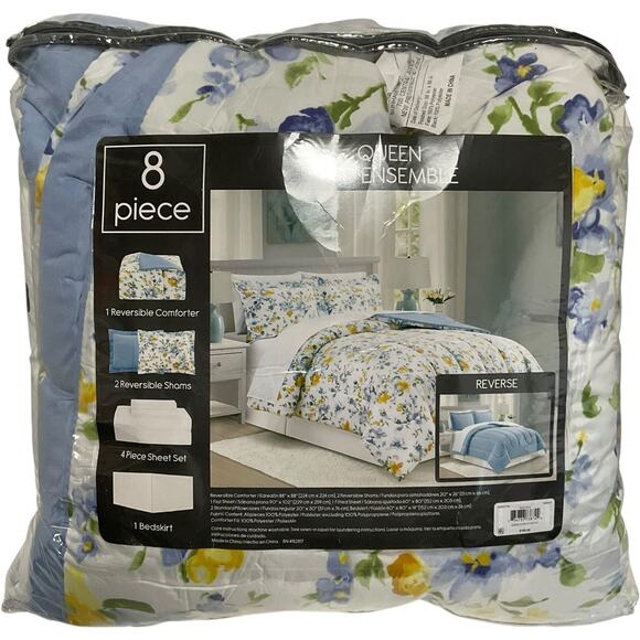 Sunham Kinsely 8 Pc Reversible Comforter Set Blue Floral Queen - Picture 7 of 7
